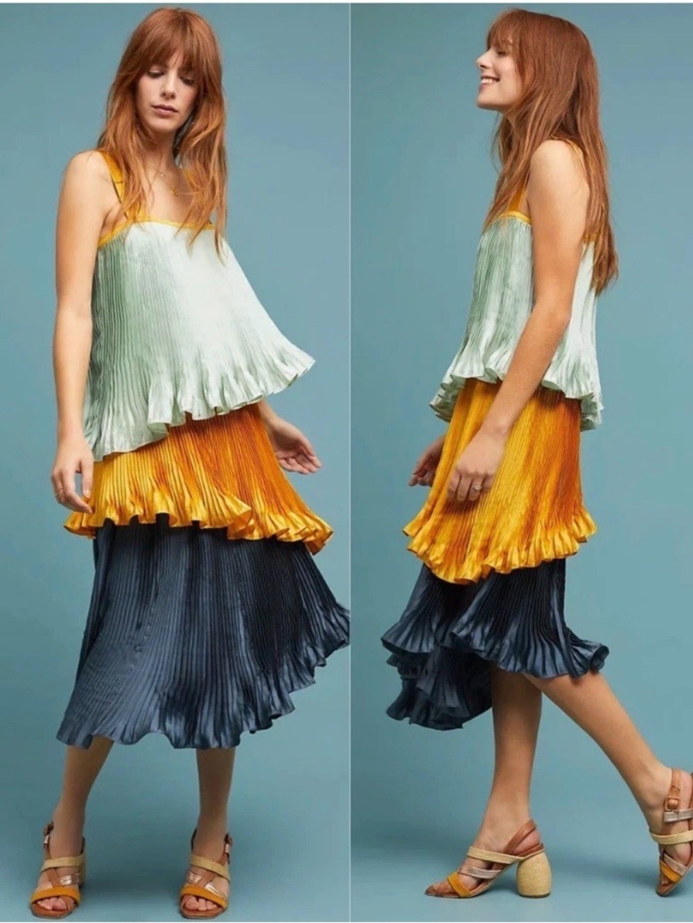 Anthropologie Guapa Pleated Color Block Midi Swing Dress SZ M